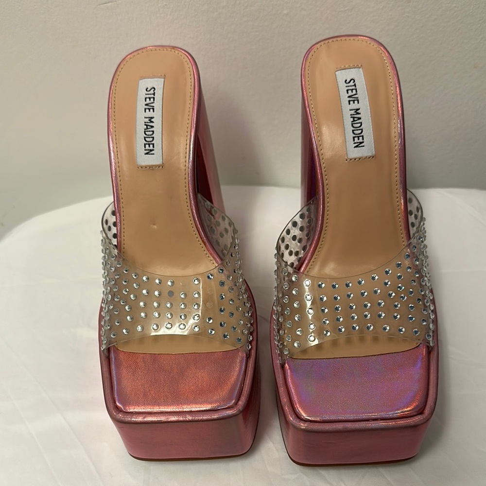 Steve Madden Ruby Iridescent Slip On Block Heel Squared Open Toe Heeled Sandals - Picture 13 of 16